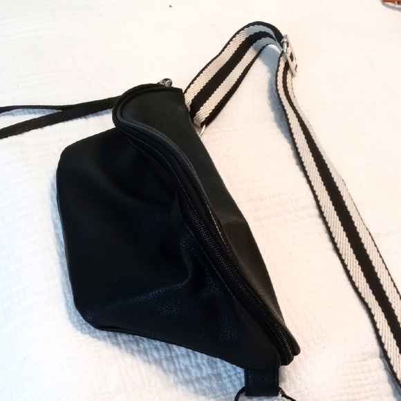 Handbags - Black Crossbody Bag with Striped Strap